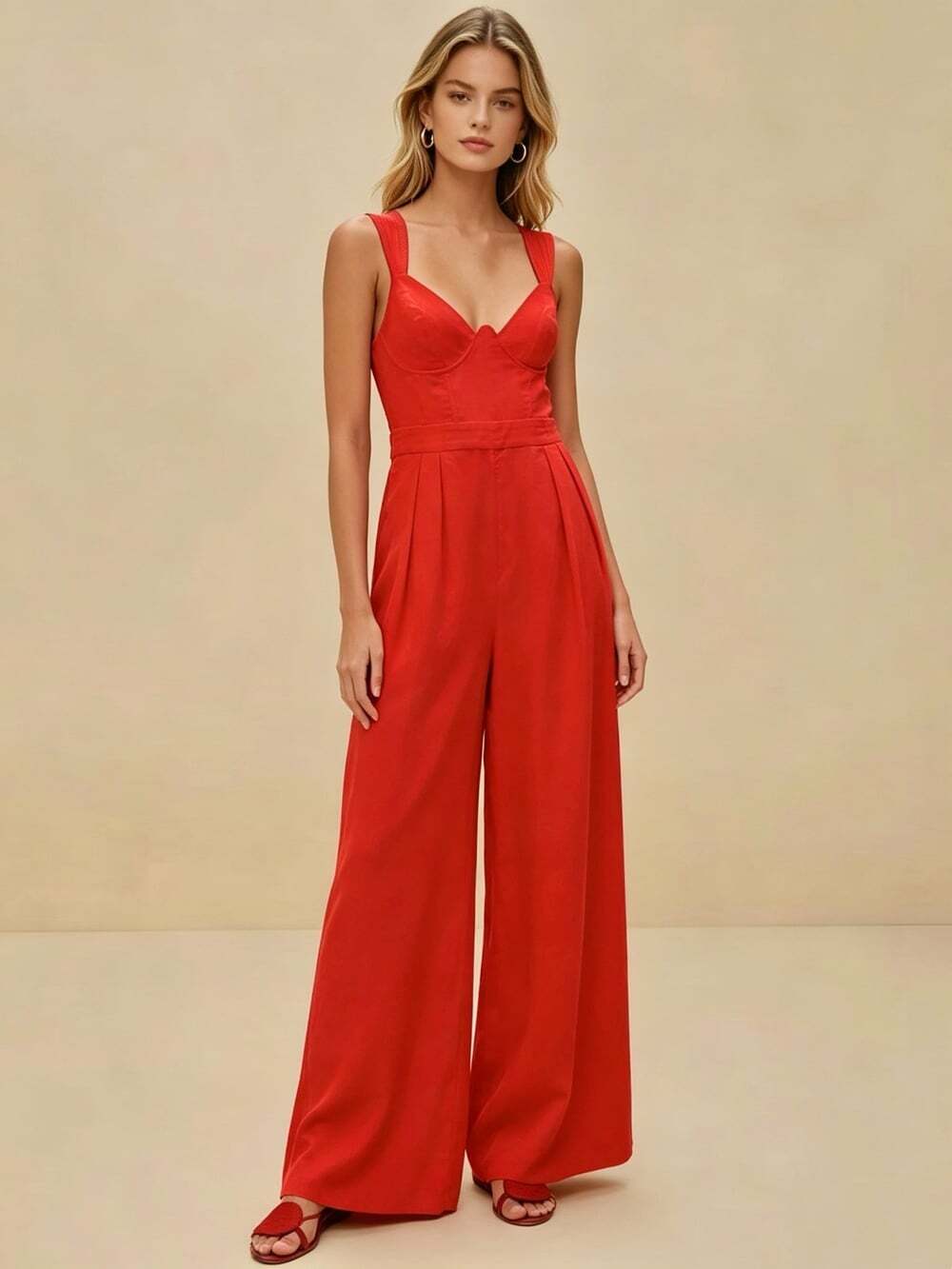 NWOT Farm Rio Red Linen Blend Wide-Leg Jumpsuit XS